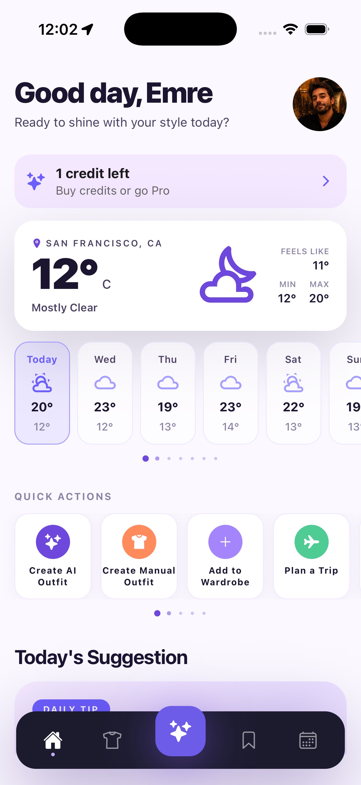 Drapeo weather and quick actions screen